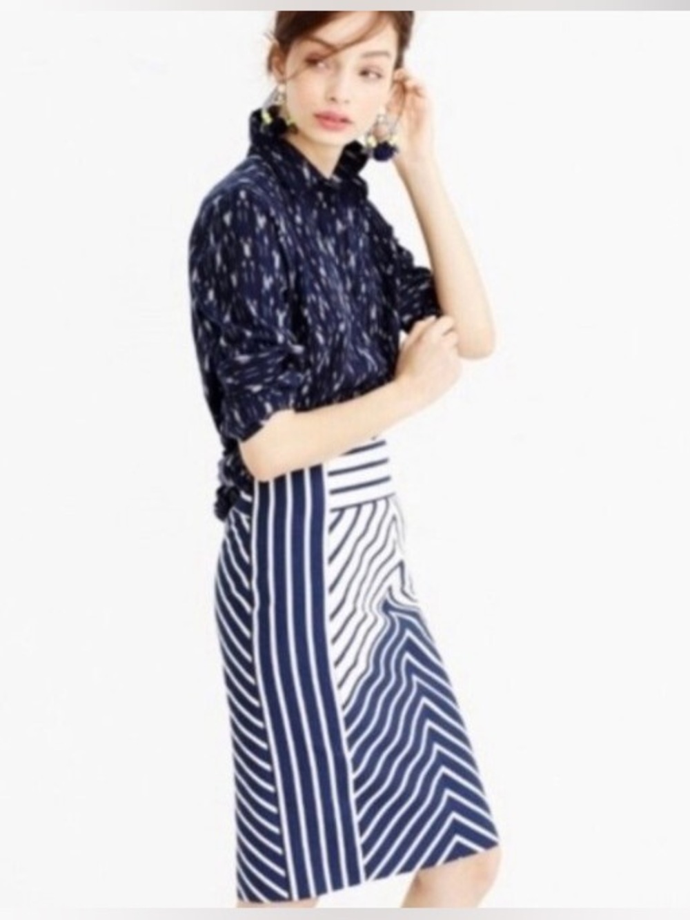 J. Crew Chevron White and Blue Midi Pencil Skirt - size 6